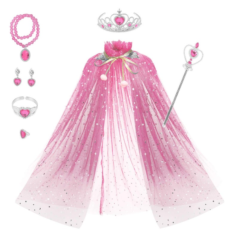 Fedio Princess Cape Set 7 Pieces Girls Princess Cloak with Tiara Crown, Wand for Little Girls Dress up (Pink) - Image 1